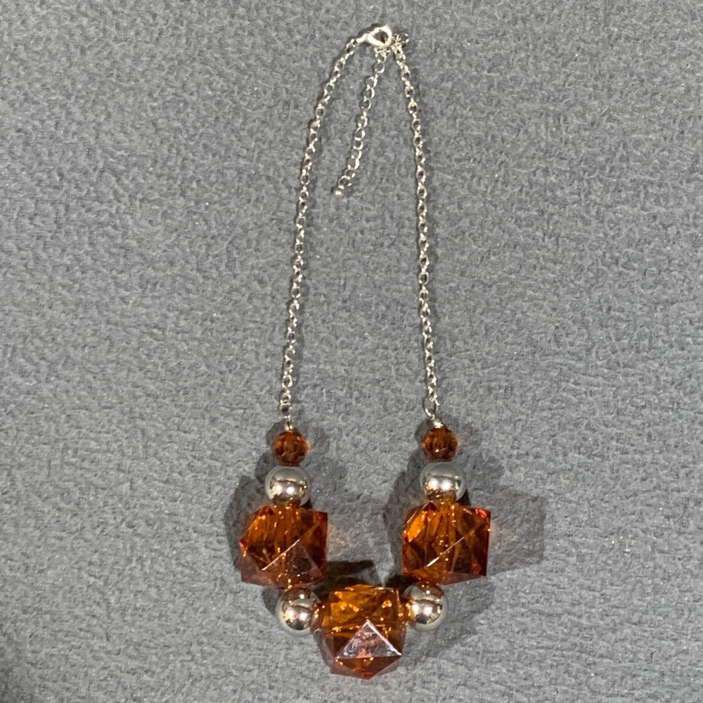 Statement Necklace Women Amber Faceted Geometric Beads Silver Tone
